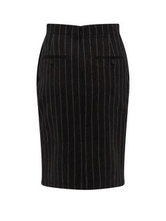 100% Wool Lining: 100% Silk Pinstripe Vertical Stripes Skirt For Work, Elegant Fitted Striped Skirt, Striped Knee-length Skirt For Work, Chic Pinstripe Skirt For Work, Fitted Pinstripe Skirt For Work, Elegant Striped Relaxed Skirt, Fitted Striped Skirt For Workwear, Wool Skirts, Midi Skirt