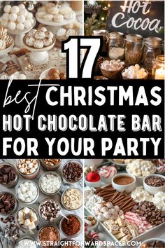 the best christmas hot chocolate bar setup for a festive holiday party with delicious treats and drinks. Christmas Hot Chocolate Station Ideas, Chocolate Party Decorations, Hot Cocoa Bar Wedding, Hot Cocoa Bar Party, Christmas Hot Chocolate Station, Chocolate Bar Ideas, Hot Chocolate Bar Ideas, Cocoa Bar Ideas