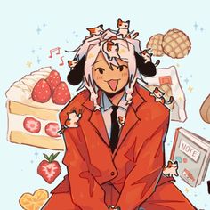 an anime character sitting on the ground with food around him