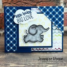 a card with an elephant on it and the words little baby, big love written in blue