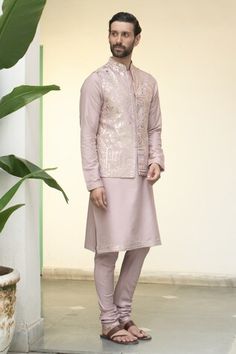 Oyster cotton silk bundi with all over floral, mandala applique work. Paired with an inner kurta and churidar. - Aza Fashions Luxury Cotton Silk Nehru Jacket With Cutdana, Chanderi Nehru Jacket With Floral Embroidery, Long Sleeve Cotton Nehru Jacket With Dabka Detailing, Fitted Cotton Nehru Jacket With Gota Work, Cream Embroidered Straight Kurta Nehru Jacket, Pink Embroidered Nehru Jacket Kurta, Nehru Jackets, Churidar, Pink Cotton