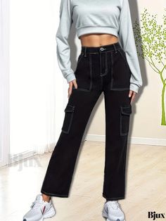 Bjux - Chic Black Cargo Pants with Flap Pockets: Y2K & Kpop Inspired Loose-Fit Straight Jeans for Women, Premium Denim Apparel Collection Black Wide Leg Flare Jeans With Pockets, Y2k Straight Pants With Pockets, Y2k Black Cargo Trousers, Black Y2k Cargo Trousers, Y2k Black Pants For Spring, Y2k Style Black Pants For Spring, Black Mid-rise Y2k Jeans, Black Y2k Jeans For Spring, Black Wide Leg Y2k Cargo Pants