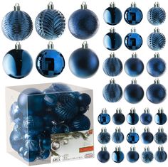 twelve blue christmas ornaments in a box