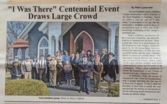 a newspaper article with an image of a group of people standing in front of a church