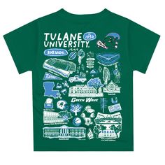 Let your kiddo look cool in his new Vive La Fete Impressions hand sketched artwork boys tee shirt. Let him play, go to the game, and cheer loudly and proudly with his Tulane University Green Wave gear by Vive La Fete.Celebrate and cheer on game day with our classic design Tulane University Green Wave Short Overstitched Crew Neck Sleeve Top. Officially Licensed product sold by Vive La Fete.This awesome graphics, fun and game day crew neck t-shirt features officially licensed Tulane University Gre Green Tops With Graphic Design For Fan Merchandise, Green Graphic Print Tops For School, Green Tops With Graphic Print For School Spirit, Green Graphic Print Top For School Spirit, Green Graphic Tee For School, Green Collegiate T-shirt For Sports Events, Green T-shirt With Graphic Print For School Spirit, Green Short Sleeve Fan Merchandise T-shirt, Green Urban T-shirt With Logo Print