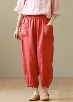 Red Pockets Cotton Crop Pants High Waist SummerFabric: CottonSize & Fit: This garment fits true to size.Length: Size 3XL measures 33.54"from waist to hem.Waist:Fitted - elastic waist allows stretch Hip: Loosely Fitted. room for hips. Hand Wash Cold. Baggy Red Harem Pants With Pockets, Red Baggy Harem Pants With Pockets, Red Solid Long Pants, Red Solid Color Long Pants, Red Wide Leg Harem Pants With Pockets, Red Non-stretch Casual Harem Pants, Red Wide-leg Harem Pants With Pockets, Red Ankle-length Harem Pants With Pockets, High Waist Red Harem Pants With Pockets