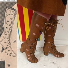 Late 60s Gogo Boots Size 7 Rare Milk Chocolate Brown Lace Up Gogo Boots With Cut-Outs. I’m A Big Collector And I Haven’t Seen This Style Before Featured In An Early 70s Fredericks Of Hollywood Catalog! Made In Mexico No Size Marked, But I Would Guess Around A 7 A Measurements Below. I’m Too Big For Them Which Is Why They Look Odd On My Foot. Lace Up The Front With Grommets. Shoelaces Are Leather Scalloped Where The Grommets Are For More Fun Detail Teardrop Cut Outs Up The Legs And On The Foot Rounded Toe Chunky Heel Leather Outer, Lined In Nylon Very Good Shape. I Don’t Think These Are The Original Laces, I Think A Brown Or Black Ribbon Would Look Great Too. Light Dry Rot From Vintage Ankle Heeled Boots For Spring, Retro Brown Boots For Spring, Brown Retro Boots For Spring, Vintage Ankle Boots For Spring, Vintage Brown Boots For Spring, Vintage High Heel Boots With Leather Sole, Vintage High Heeled Boots With Leather Sole, Vintage Heeled Boots With Leather Sole, Vintage Fitted Heeled Boots With Leather Sole