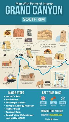 Grand Canyon south rim interactive map travel itinerary with everything you need to know Grand Canyon Bucket List, Grand Canyon Map, Grand Canyon Camping, Grand Canyon Village, Bright Angel Trail, Grand Canyon Railway, Grand Canyon South Rim, Trip To Grand Canyon