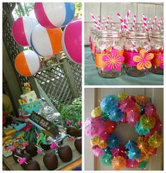 a collage of pictures with balloons, flowers and cake in mason jars on the table