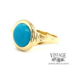 The combination of yellow gold and turquoise, though not seen as often as other metals, offers a striking contrast. The round cabachon fine turquoise in this estate ring is often referred to as "robin's egg" blue with almost no secondary coloration, and is usually considered the most desirable color. It is bezel set in a polished 18 karat yellow gold setting with triangular gold buttresses incorporated into the shoulder design, tapering down to a 2.5 mm shank. The ring is size 5.5. Robin's Egg Blue, Estate Rings, Yellow Gold Setting, Robins Egg, Robins Egg Blue, Shoulder Design, Gold Set, Bezel Setting, Gold Ring