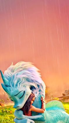 a girl hugging a blue dragon in the rain with an orange sky behind her and pink clouds