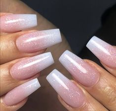 Pink And White Sparkly Nails, Nokti Za Krizmu, Glitter Baby Boomer Nails, Baby Boomer Nails Glitter, Clear Ombre Acrylic Nails, Nails Inspiration Pink Glitter, Pretty Nude Nails, Milky White Nails With Glitter, Nails Inspiration Ballerina