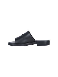 Ferragamo logo slide sandals in black rubber with open round toe, embossed logo detail on the top band, and slip-on design. Composition: 100% Rubber Modern Sandals With Logo For Summer, Modern Logo Sandals For Summer, Logo Open Toe Slides For Beach, Summer Slip-on Slides With Embossed Logo, Summer Slides With Embossed Logo, Logo Slides For Beach With Open Toe, Classic Slides With Rubber Sole, Classic Open Toe Slides With Rubber Sole, Classic Beach Slides With Rubber Sole