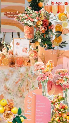 an assortment of oranges, lemons and flowers on display