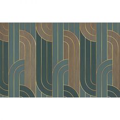 an art deco wallpaper pattern in green and gold colors with wavy lines on the sides