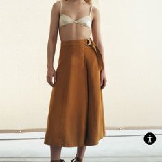 High-Waist Midi Skirt Made Of A Washed Linen Blend For A Soft, Draped Finish. Adjustable Belt With Metal Buckle. Pronounced Seams With Matching Twisted Yarn Topstitching. ***Will Be Posted Only Two Weeks Outer Shell 58% Linen 42% Cotton Spring Skirt With Belt Loops, Chic Summer Culottes With Belt Loops, Belted Brown Skirt, High Waist Belted Skirt, Belted Skirt For Fall, Spring Midi Skirt With Belt Loops, High Waist Skirt With Belt, Belted Summer Skirt, Zara Pleated Long Skirt