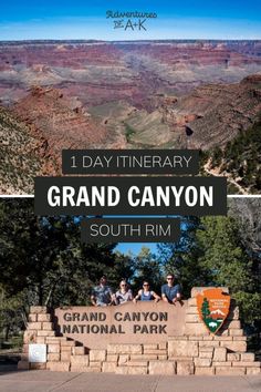 the grand canyon national park sign with people sitting on it in front of mountains and trees