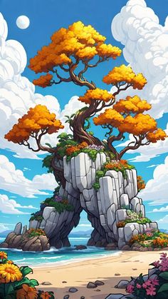 an image of a tree that is on top of a rock in the ocean with clouds