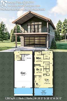 two story house plan with 2 car garage and living area in the back ground level