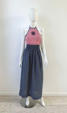 Vintage 1970s red white and blue halter dress. Stripes and polka dots with nautical appliqués. Ties at the back, elastic waist, shelf bra liner. Label is Fred Engleman, 100% cotton, size 12, union labels. Excellent vintage condition. Please message me with any  questions.  Measurements  bust up to 34/36 waist 19-26 hip 50 length from underarm 45.5 more vintage clothing  https://www.etsy.com/shop/prizesforarla instagram: prizesforarla international buyers: Please note that your order may be subje Nautical Sleeveless Dresses For The Beach, Nautical Sleeveless Beach Dress, Navy Retro Summer Dress, Nautical Dresses For Summer Vacation, Nautical Style Summer Vacation Dresses, Nautical Cotton Summer Dress, Fitted Nautical Summer Dress, Summer Nautical Style Fitted Dress, Fitted Nautical Dress For Summer