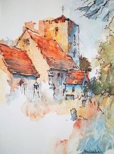 watercolor painting of an old house with trees