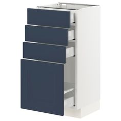 a white and blue cabinet with three drawers on the bottom, one door open to reveal an upper drawer