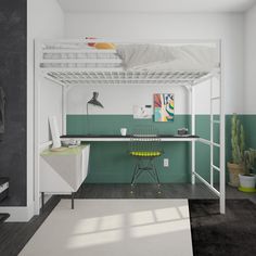 a bunk bed with desk underneath it in a room that has green walls and wood floors