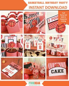 basketball themed birthday party with red and white paper decorations, cupcakes, candy bar wrappers, and more