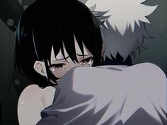 an anime character hugging another character in the dark