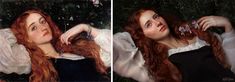 two pictures of a woman with long red hair