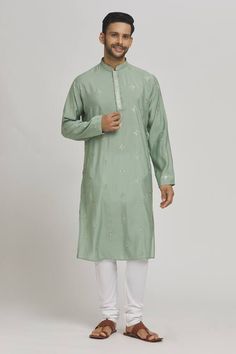 Pastel green kurta with thread embroidered geometric patterns and sequin work embellishments. Comes with churidar. - Aza Fashions Churidar, Pastel Green, Green Cotton, Geometric Patterns, Cotton Silk, Aza Fashion, Embellishments, Geometric Pattern, Sequin