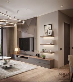 a modern living room with an entertainment center