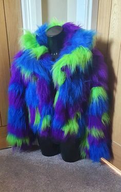 x.x. Funki-B x.x. Custom made clubwear. **Cruelty Free Clothing** Patchwork Lime, blue and purple. No two coats will be the same as each piece is individually sewn. We Have lots of fur colours to choose from. You can view all colours available on our colours page. https://www.funki-b.com/colours Please state colours preferred in a message if you are wanting different from the listing. Super snuggly hip length faux fur patchwork coat with large stylish collar and silky inner lining. Can be made i Multicolor Faux Fur Coat For Winter, Funky Multicolor Winter Outerwear, Funky Long Sleeve Winter Outerwear, Pirate Clothes, Silly Clothes, Patchwork Coat, Cozy Jacket, Fire Fits, Rave Wear