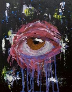 an abstract painting with dripping paint on the bottom half of it, and a large eye in the center