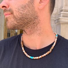 Mens 6mm beaded choker necklace. The combination of various wood and heishi gemstones brings a sense of grounding, balance, and connection to nature. This necklace is the perfect choice for the modern man who values both fashion and inner balance. Necklace Size: 20" with 2" extension, so it can be easily adjusted. Lux men's statement pieces designed to wear alone, layered, or enhanced with our collection of charms! Sleek and timeless pieces made to become his favorite go-to accessory. Make this Balance Necklace, Mens Choker, Mens Choker Necklace, Men Choker, Necklace For Him, Wooden Bead Necklace, Necklace Model, Rustic Necklace, Inner Balance