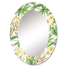 a round mirror with yellow flowers and leaves on the rim, in front of a white background