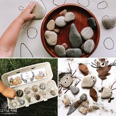 several different pictures with rocks in them and hands on the ground next to each other