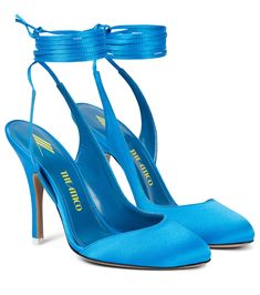 The Attico’s signature feisty opulence is embodied by the Carrie pumps. Made from turquoise blue satin, they have wrap-around ankle straps, almond toes, and sculptural cutout vamps. Tennis Shoe Heels, Chic High Heels, Trending Heels, Patent Leather Ballet Flats, Blue Accessories, The Attico, Exclusive Shoes, Blue Pumps, Fancy Shoes