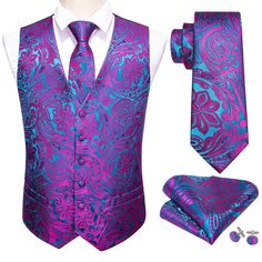 New Purple Blue Paisley Jacquard Silk Men's Vest Hanky Cufflinks Tie S – ties2you Suits For Prom, Mens Wedding Suit, Gold Man, Slim Fit Suit Pants, Trendy Spring Fashion, Groom Outfit Ideas, Basketball Birthday Parties