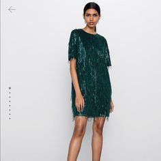 Beautiful Never Worn Zara Green Shift Dress With Green Beading. Runs On The Larger Side Green Beaded Party Dresses, Green Sequined Short Sleeve Dress, Festive Short Sleeve Sequin Dress, Glamorous Green Short Sleeve Dress, Elegant Beaded Fringe Dress For Festive Occasions, Zara Embellished Evening Dresses, Beaded Short Dress, Green Shift Dress, Zara Dresses