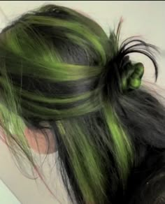 Green And Black Skunk Stripe, Aesthetic Hair Green, Muted Green Hair Color, Like Green And Black Hair, Green Streaked Hair, Short Hair With Green Highlights, Green And Black Scene Hair, Green Under Dye Hair, Cute Hair Colors For Dark Hair