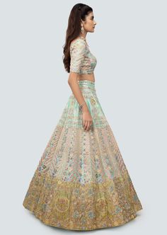 Multicolored celeste blue embellished heavy kali tissue lehenga with blouse and net dupatta with border. Luxury Blue Tissue Silk Lehenga, Party Wear Multicolor Lehenga With Pallu, Multicolor Lehenga With Pallu For Party Wear, Light Blue Anarkali Choli With Zari Work, Multicolor Party Wear Lehenga With Pallu, Anarkali Light Blue Choli With Resham Embroidery, Designer Anarkali Lehenga In Light Blue, Light Blue Lehenga With Pallu For Reception, Fitted Light Blue Lehenga With Zari Work