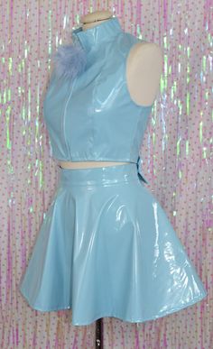 Glossy pastel cuteness! This crop top and skater skirt set is made from pastel blue pvc with removable pom-pom powder puff and bow details!! The top zips open all the way up the front to get into it, the skirt has a small zip in the back. Sizing is as follows: TOP XS - UK 8 - bust 33", bottom of ribs 27" S - UK 10 - bust 34", bottom of ribs 29" M - UK 12 - bust 36", bottom of ribs 31" L - UK 14 - bust 38", bottom of ribs 33" XL UK 16 - bust 40", bottom of ribs 35" There is a bit of stretch to th Lady Madonna, Bleu Pastel, All The Way Up, Powder Puff, New Wardrobe, Pastel Blue, Dress Clothes For Women, Body Shapes, Skater Skirt