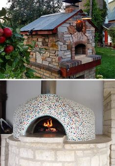 an outdoor pizza oven is shown in two different pictures, and the same one has fruit on it