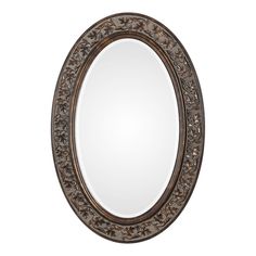 an ornate oval mirror on a white background