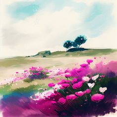 an abstract painting of pink flowers on a hill