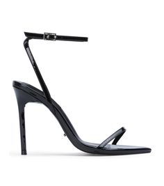 Keep it classic with Micky. This black patent timeless stiletto features a simple single strap along the toes and a thin crossover ankle strap. Style with a pair of jeans or for a formal event... she does it all. -Material: Leather -Sole: Rubber -Fit: True To Size -Toe-shape: Open -Features: Stiletto -Heel: 10.5cm Simple Black Stiletto Heels, Black Open Toe Heels, Thigh High Boots Flat, Black Stiletto Heels, Court Heels, Metallic Heels, Bridal Heels, Slingback Shoes, Bridesmaid Shoes