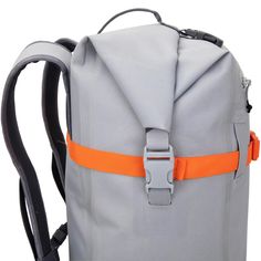 a backpack with an orange belt on the front and back straps hanging down from it