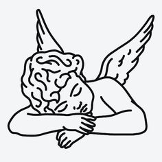 an angel with its arms crossed and wings folded over his head, in black and white