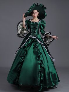 button facets sewn onto either hip of the overskirt and also loop the eyelet loopholes. securely around the button facets. This will give you the gathered skirt that you see in the pictures. Green Victorian Prom Dress, Victorian Prom Dress Green, 1800 Queen Dress, Masquerade Party Dresses, Gothic Victorian Dresses, Baroque Dress, Rococo Dress, Party Dresses Online, Theatre Costumes